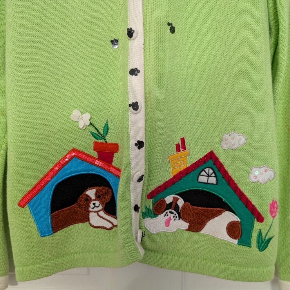 Vintage Bobbie Bell Dog Cardigan Womens Size Large Green Embellished Sweater - Picture 8 of 15